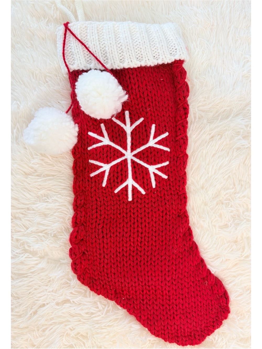 Red and White Knit Snowflake Christmas Pom Pom Stocking